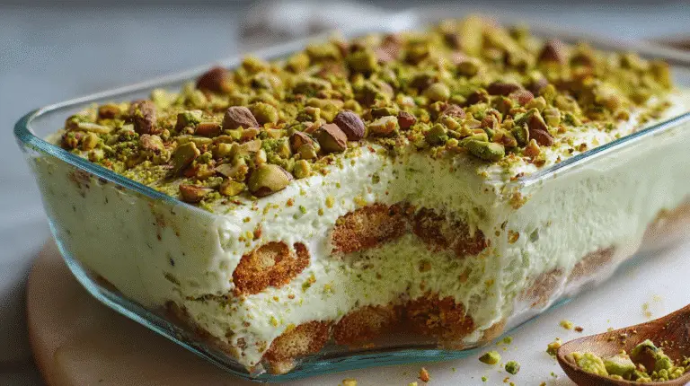 Easy Pistachio Tiramisu – A Creamy Twist on a Classic Dessert 6 Close-up of Easy Pistachio Tiramisu with creamy pistachio layers