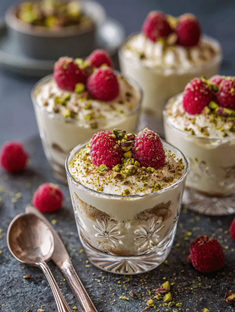 Easy Pistachio Tiramisu – A Creamy Twist on a Classic Dessert 9 Easy Pistachio Tiramisu served in individual glasses with toppings