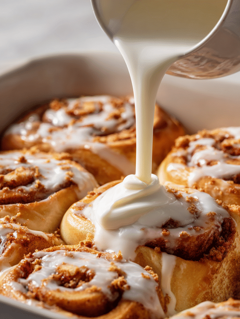 Sticky Banana Bread Cinnamon Rolls – A Gooey Twist You’ll Love 7 Pouring cream into cinnamon rolls for sticky banana bread recipe