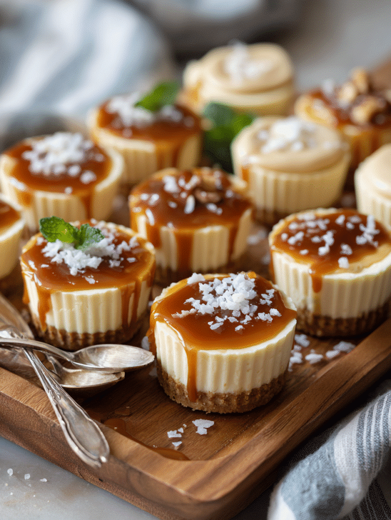 No Bake Salted Caramel Cheesecake Cups – The Ultimate Easy Dessert Treat 8 No bake salted caramel cheesecake cups served on a wooden tray with garnishes