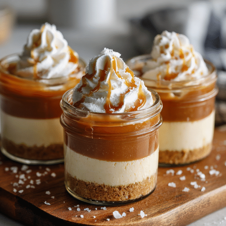 No Bake Salted Caramel Cheesecake Cups – The Ultimate Easy Dessert Treat 9 No Bake Salted Caramel Cheesecake Cups in clear dessert jars with layers