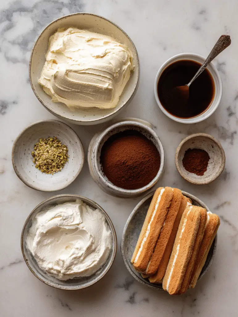 Easy Pistachio Tiramisu – A Creamy Twist on a Classic Dessert 7 Ingredients laid out for Easy Pistachio Tiramisu recipe
