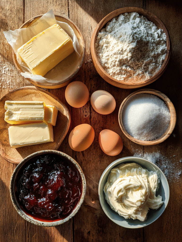 Victoria Sandwich Cake: A Classic British Bake with Timeless Flavor 2 Ingredients for Victoria Sandwich Cake on a wooden table