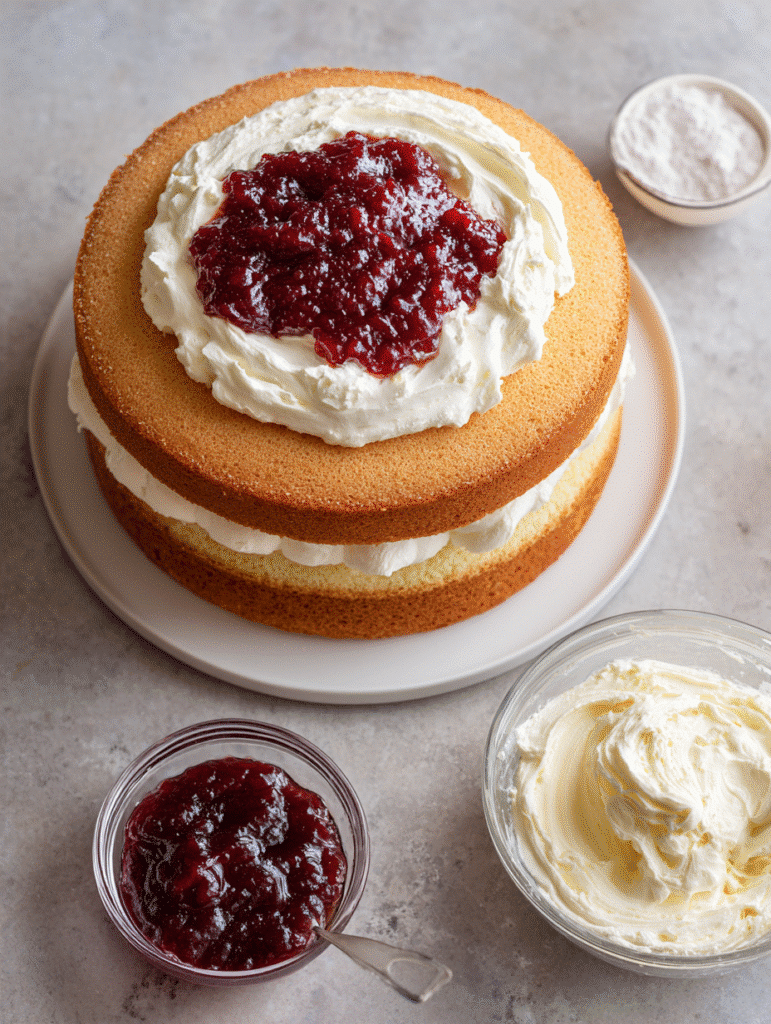 Victoria Sandwich Cake: A Classic British Bake with Timeless Flavor 3 Assembling Victoria Sandwich Cake with jam and cream