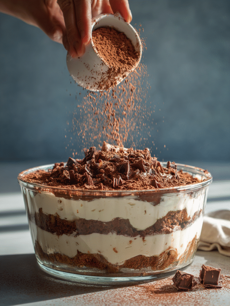 No Bake Chocolate Lasagna Trifle – The Ultimate No-Bake Layered Dessert You’ll Crave 7 Layering chocolate pudding and cream cheese in trifle bowl