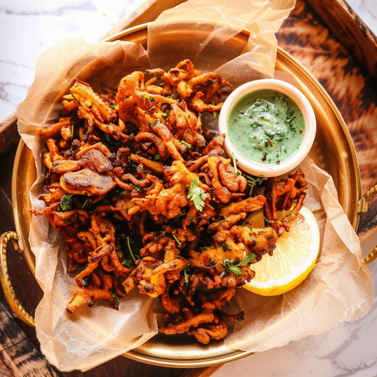 Crispy Vegetable Pakoras – The Ultimate Guide to Perfect Crunch Every Time 3 Crispy vegetable pakoras served with chutney on brass plate