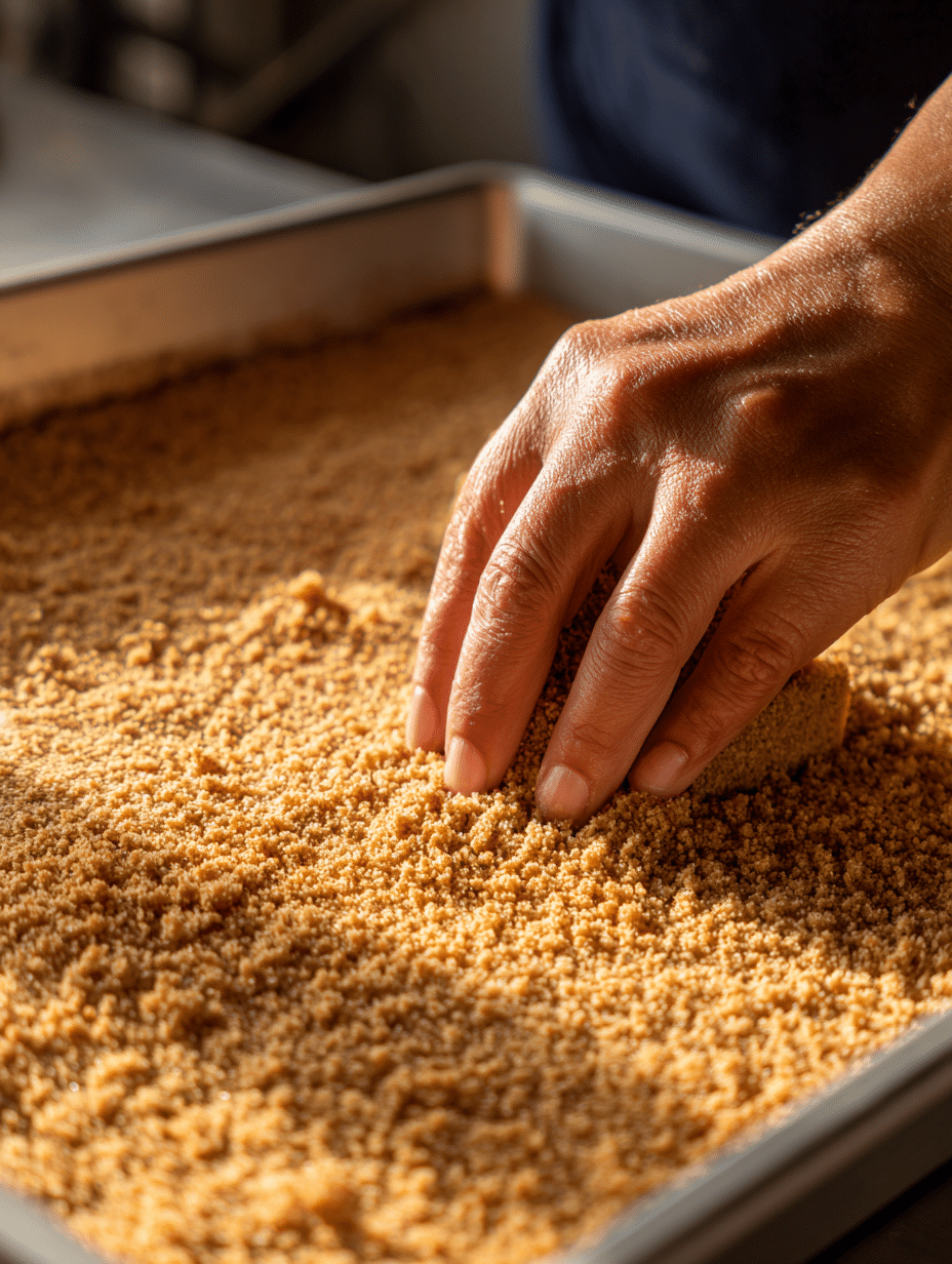 crust-for-cheesecake-squares.jpg Pressing graham crust for pumpkin cheesecake squares