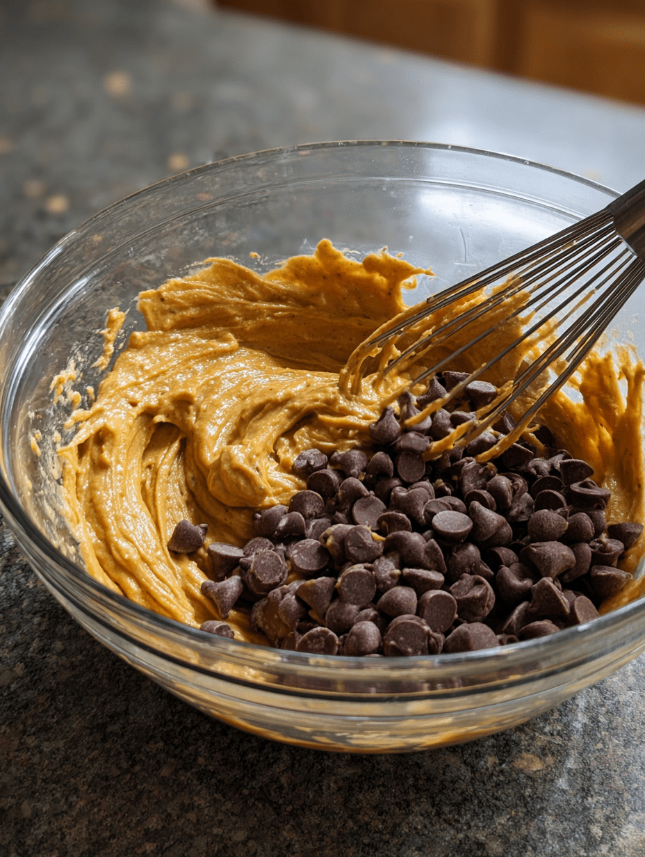 mixing-pumpkin-cupcake-batter.jpg Folding chocolate chips into pumpkin cupcake batter
