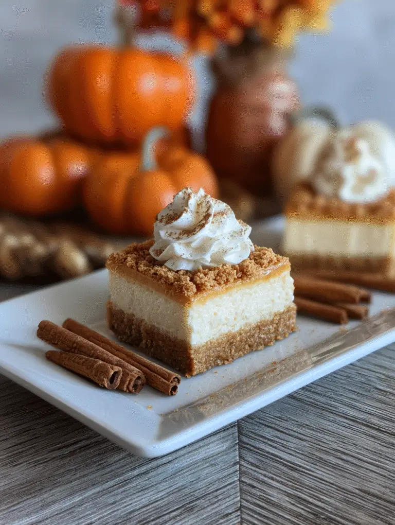 Pumpkin Cheesecake Squares – The Creamy, Crowd-Pleasing Fall Dessert You’ll Make on Repeat 3 Pumpkin cheesecake bar plated with cinnamon garnish