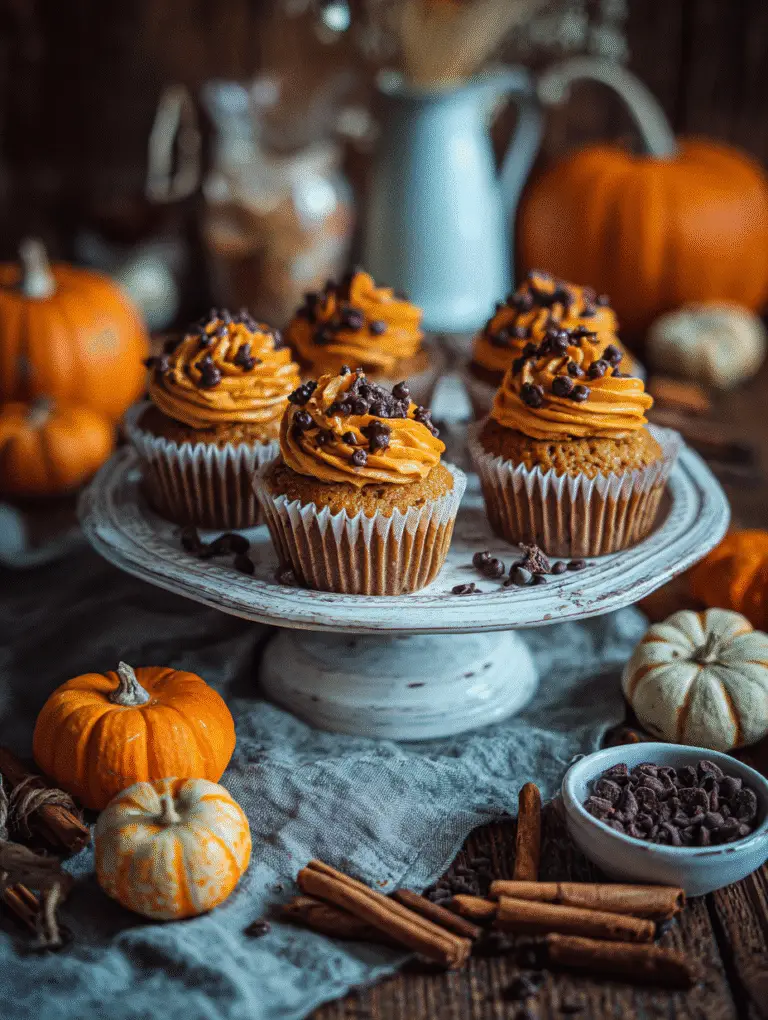 Pumpkin Chocolate Chip Cupcakes – Moist, Spiced, and Loaded with Chocolate 3 Pumpkin chocolate chip cupcakes served with fall decor