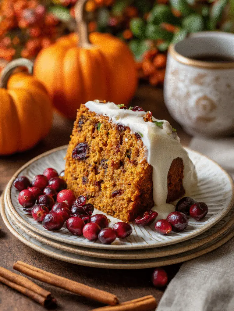 Pumpkin Cranberry Cake with Cream Cheese Frosting – A Moist, Tangy, and Sweet Holiday Favorite 3 Plated pumpkin cranberry cake with fall garnishes