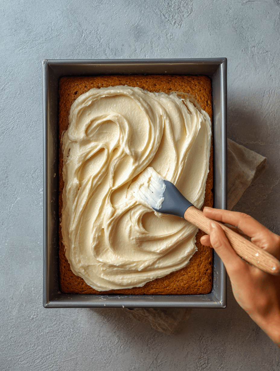 frosting-pumpkin-cranberry-cake.jpg Spreading cream cheese frosting on pumpkin cranberry cake